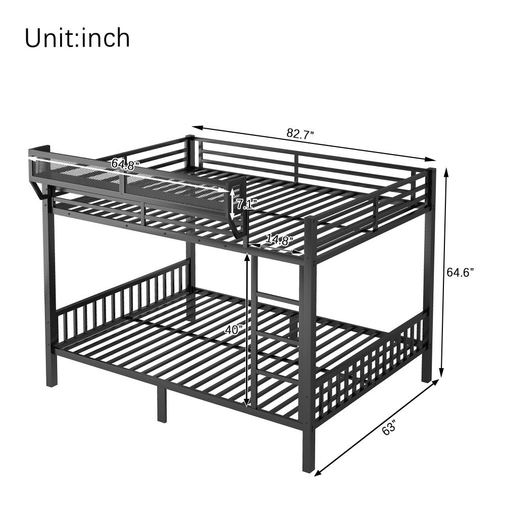 Queen Over Queen Metal Bunk Bed with Ladder and Storage Shelf for Adults Black