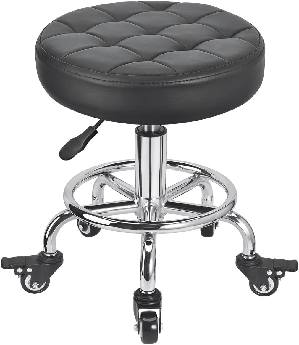 Rolling Stool Low Roller Seat PU Leather, Rolling Chair Height Adjustable, Garag