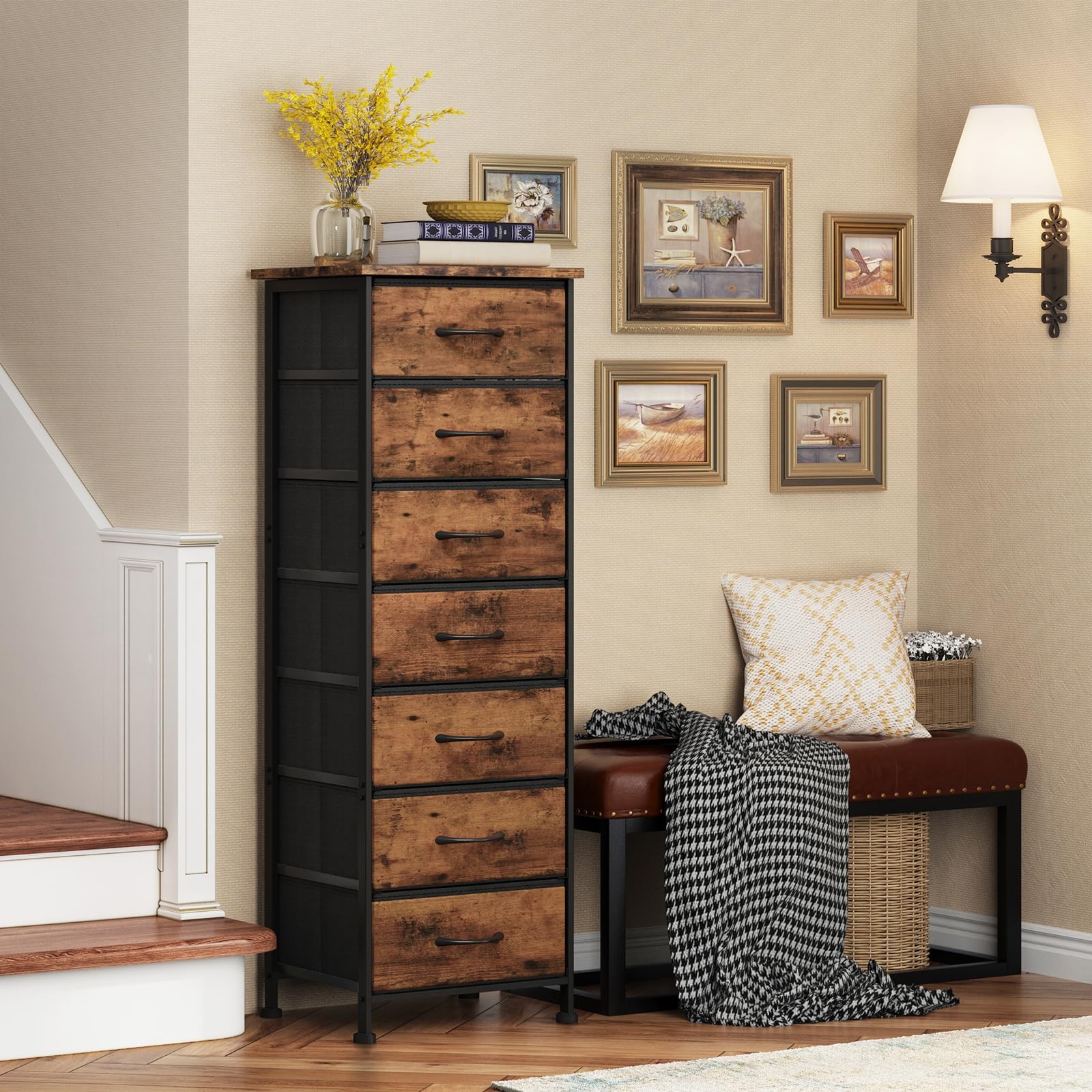 Fixwal Tall Dresser for 11.8″D x 15.7″W x 47.2″H (7 Drawers), Rustic Brown