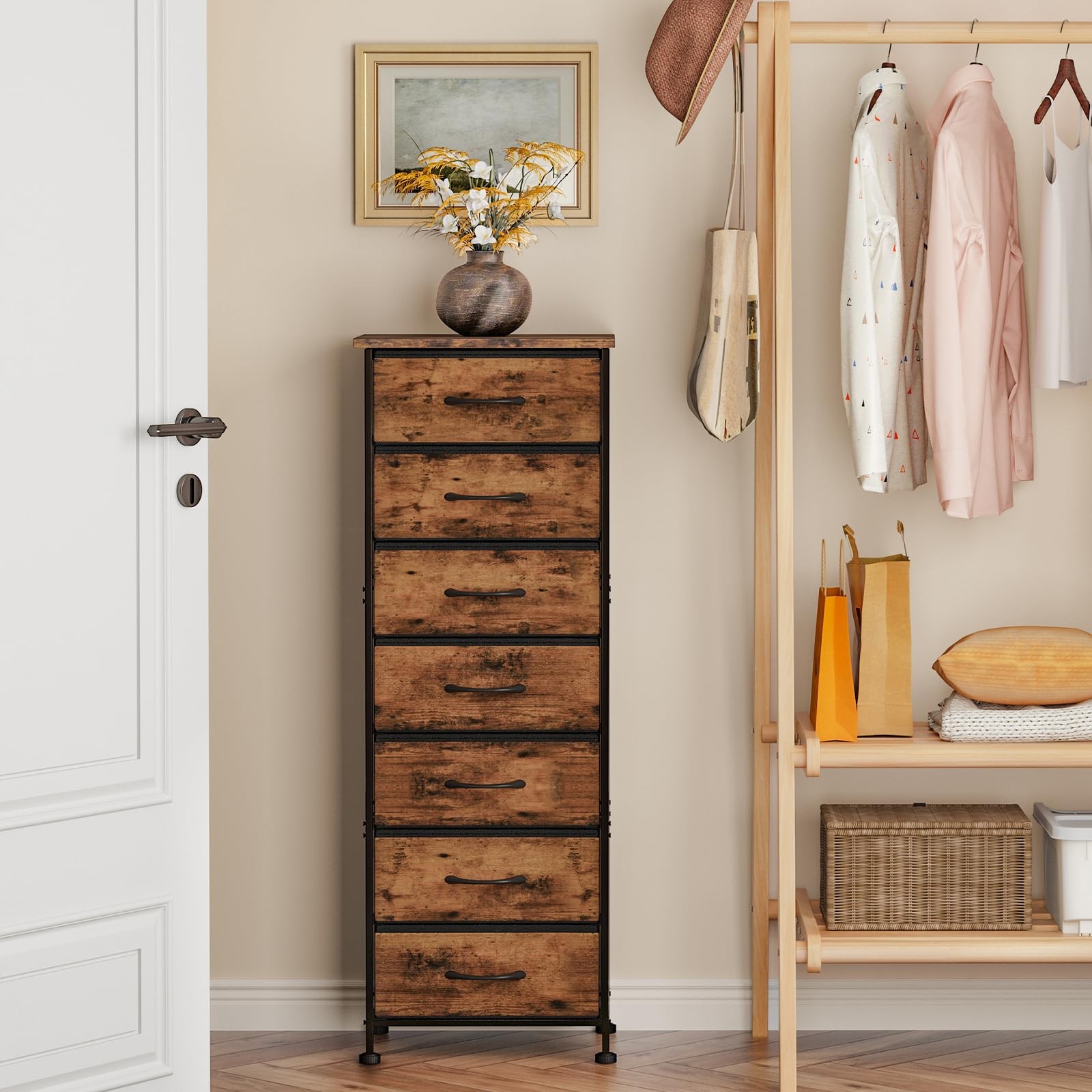 Fixwal Tall Skinny Dresser 11.8″D x 15.7″W x 47.2″H (7 Drawers), Rustic Brown