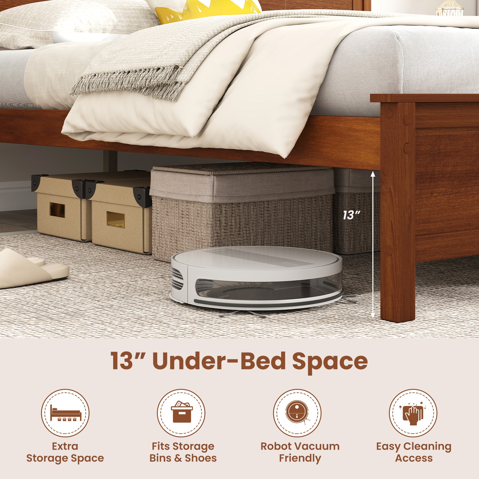 King Size Solid Wood Platform Bed Frame w/Headboard, Wood Slat Support, Walnut