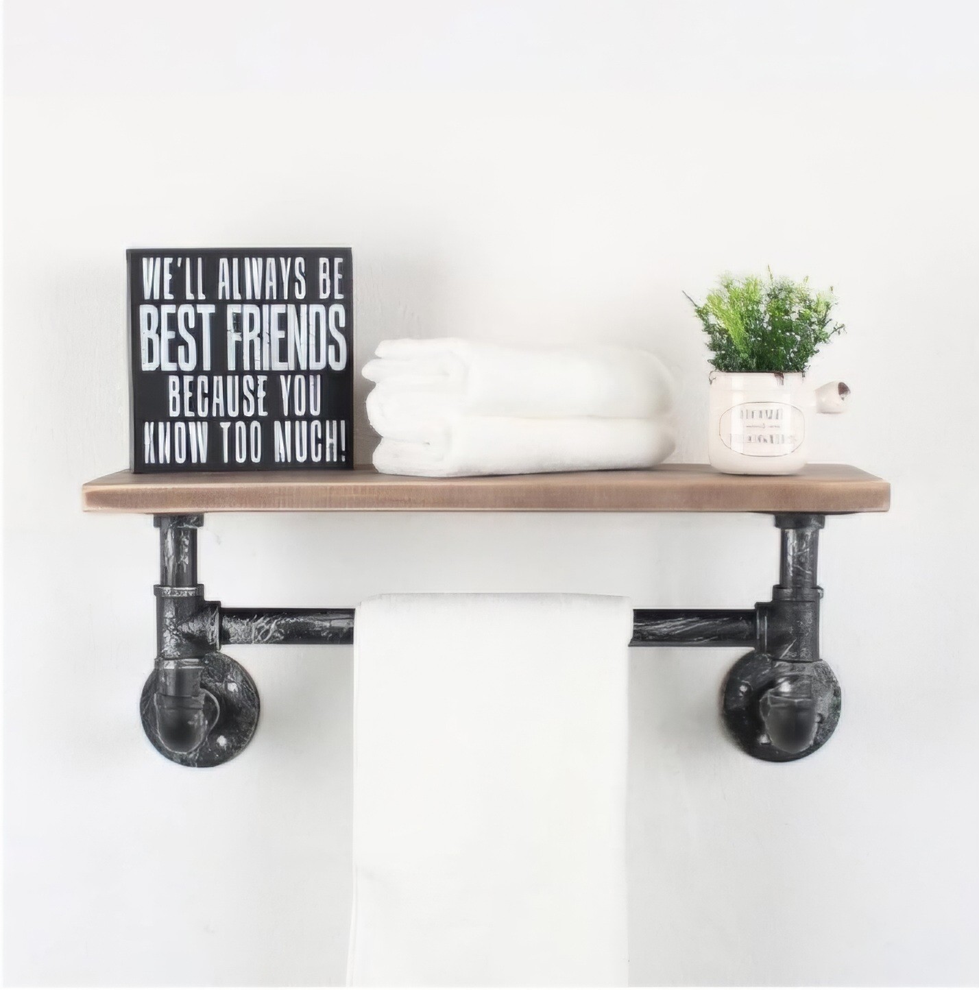 Industrial Pipe Shelf Shelves Wall Mounted 19.6in Rustic Wood W/Towel Bar