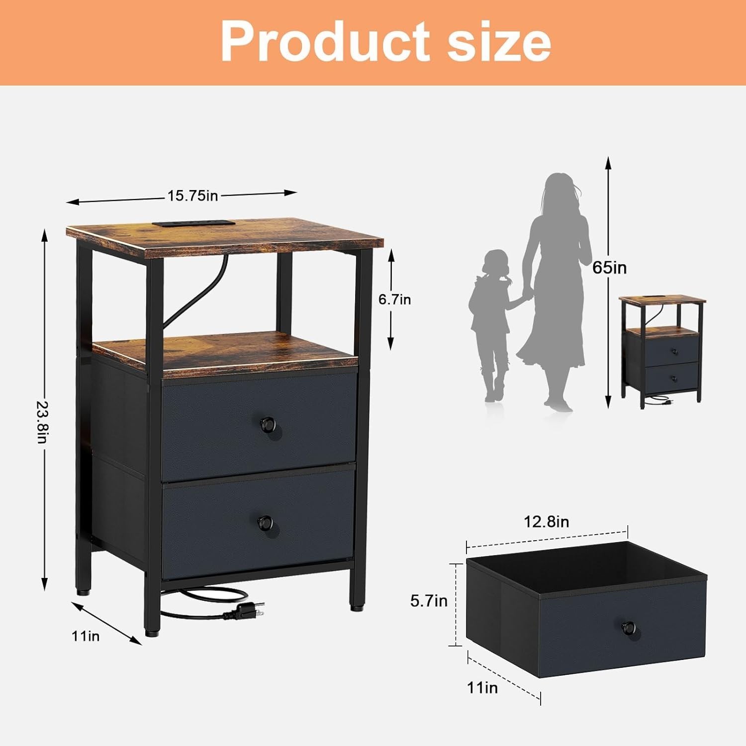 Compact Brown Black Bedside Table with USB Ports & 2 Drawers – Easy Assembly