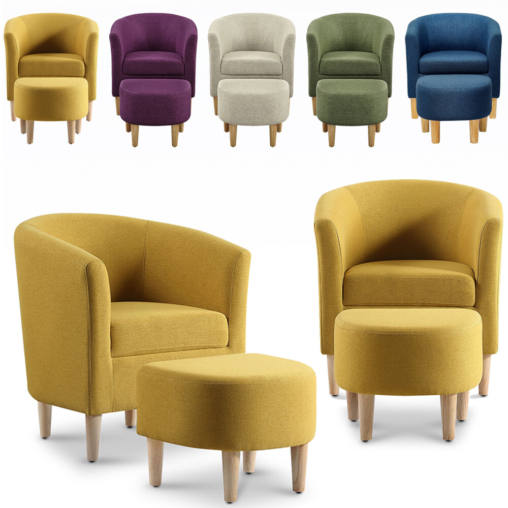 Living Room Linen Fabric Accent Arm Chair Upholstered Single Sofa With Ottoman