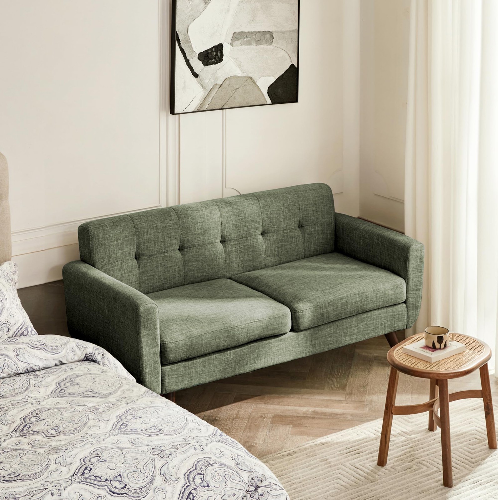 65 W Loveseat Sofa Mid Century Modern Button Tufted Upholstered Couch Green
