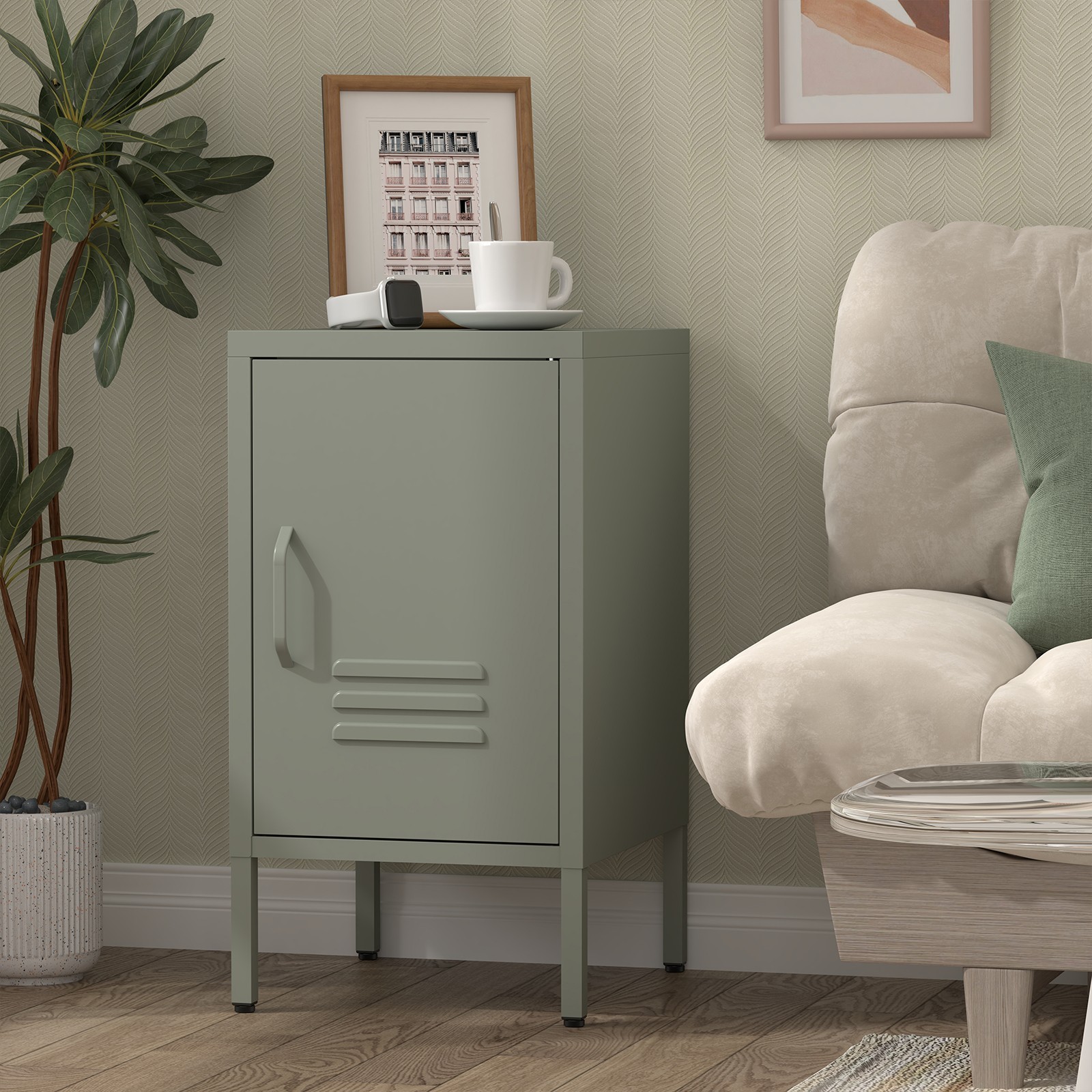 Metal Nightstand, Small Storage Cabinets with Door and Shelf, End Side Table