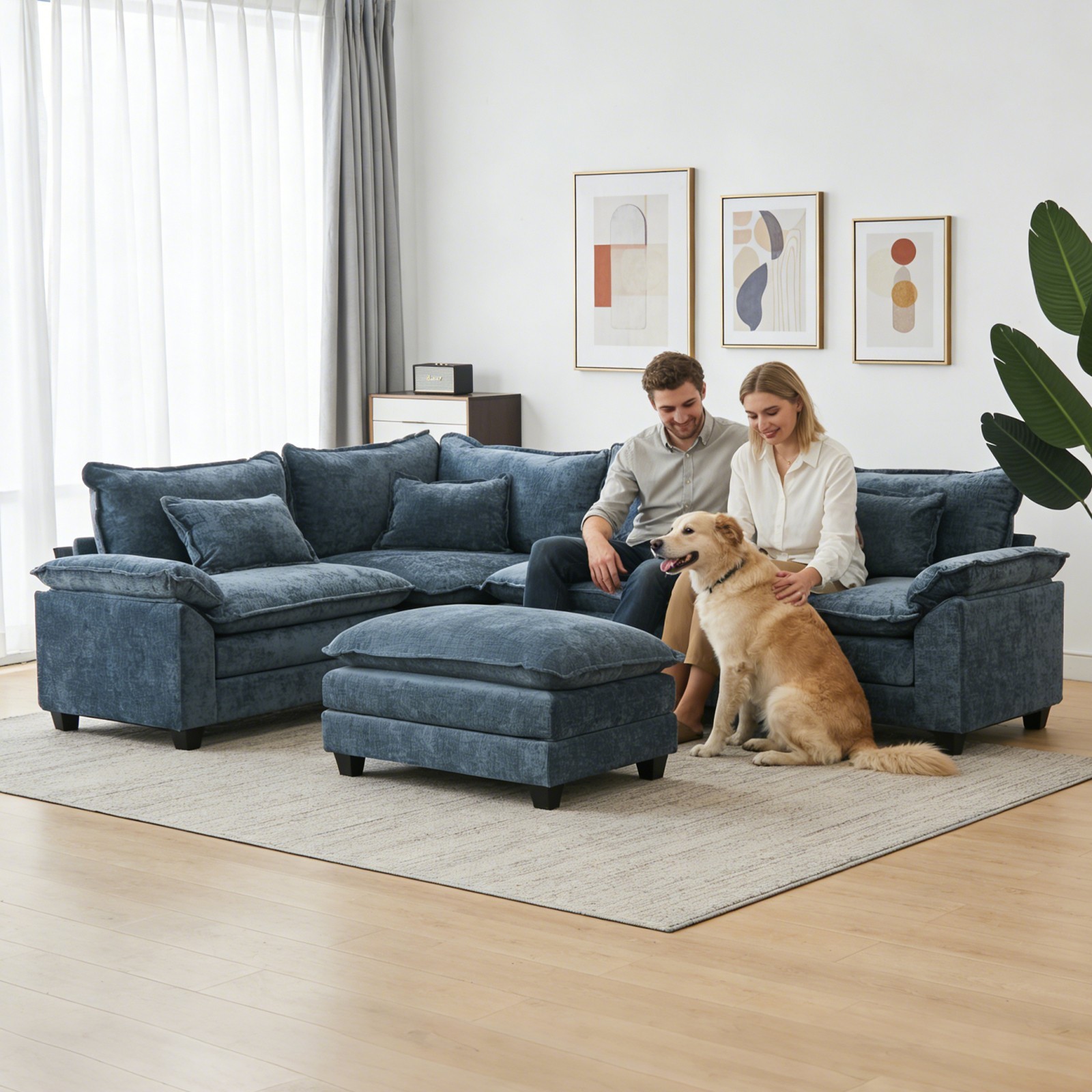 L-Shaped Sectional Sofa Corner Cloud Couch Chenille Modular Sofa w/Chaise&Pillow