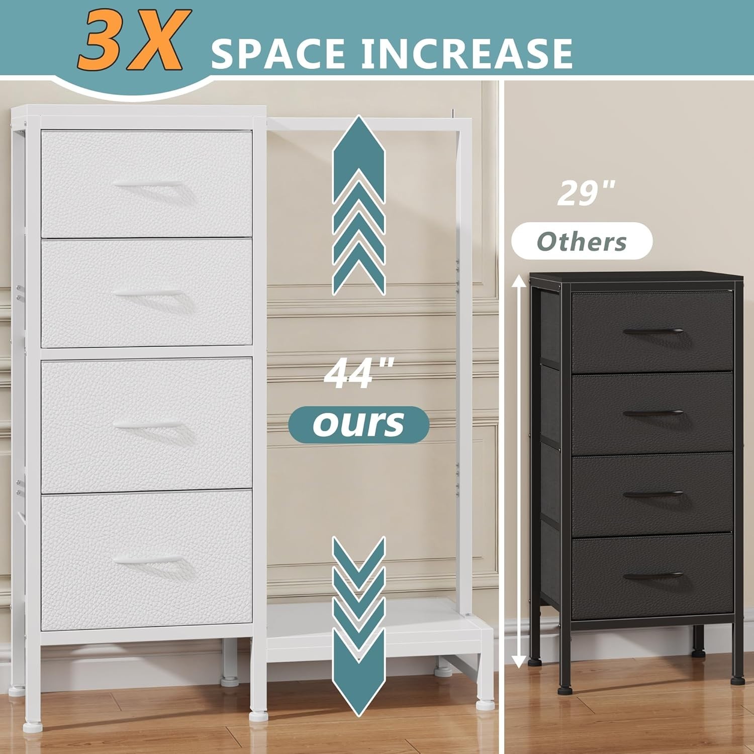 44in Tall Dresser with Hanging Rack 4 Drawers Storage Tower White