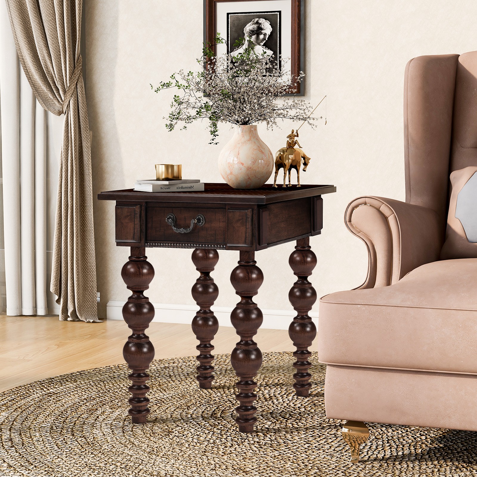 Solid Wood End Table with Drawer, Easy Assembly Vintage Narrow Sofa Side Table