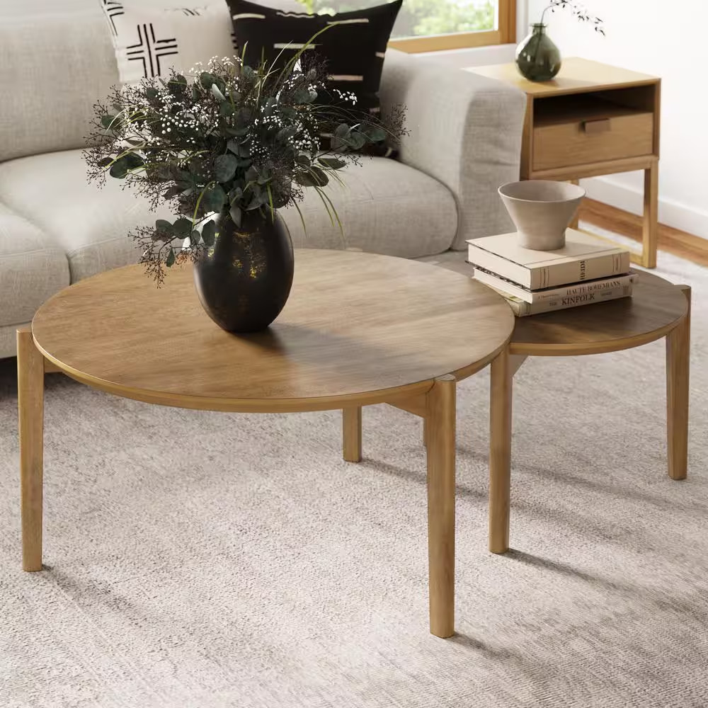 Kendall 35 In. 2-Piece Light Brown round Wood Top Coffee Table with Nesting Tabl