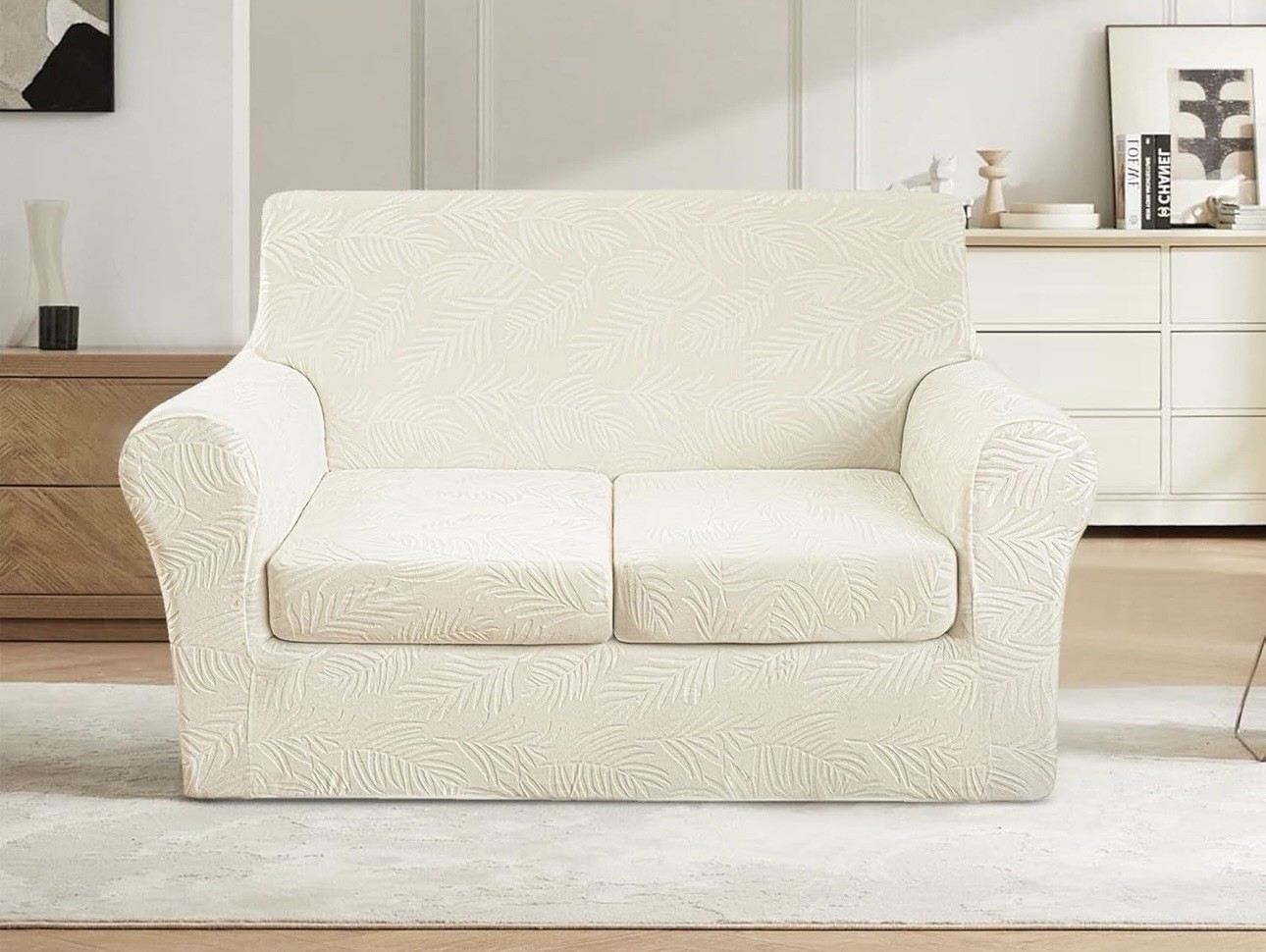 Velvet Stretch Loveseat Sofa Cover Ivory Embossed Leaf 3 Piece 2 Cushion