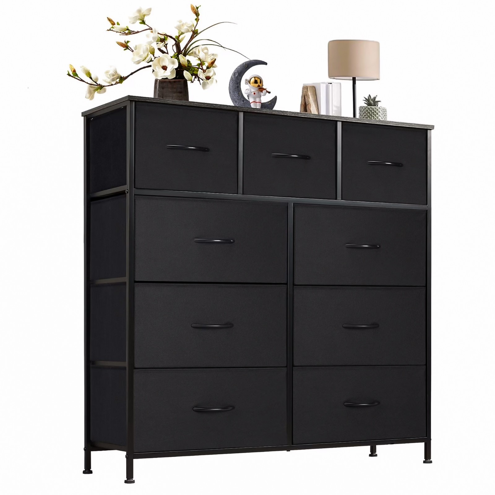 CONCETTA 9 Drawer Fabric Dresser Storage Organizer TV Stand Bedroom Black New