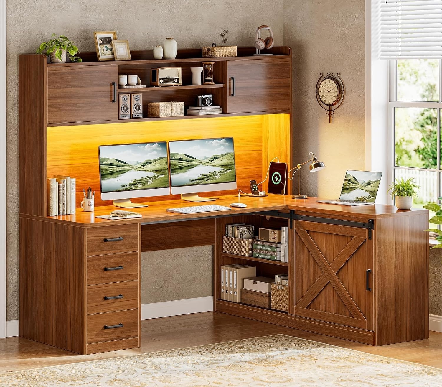 55″ Farmhouse L Shaped Computer Desk with 4 Storage Drawers, Hutch and LED Light
