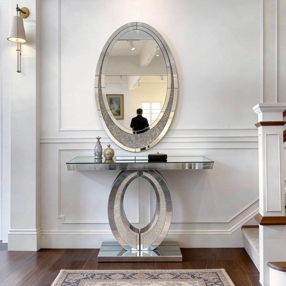 Mirrored Console Table, Crushed Diamond Design Silver for Living Room
