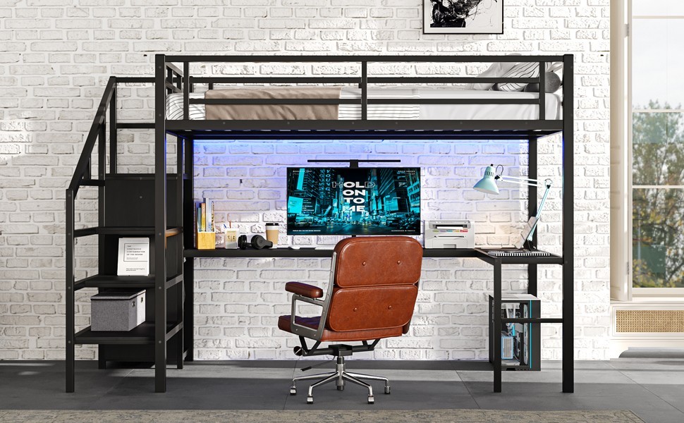 Full Size Metal Loft Bed with L-shaped Desk and USB for Kids Teens Adults Black