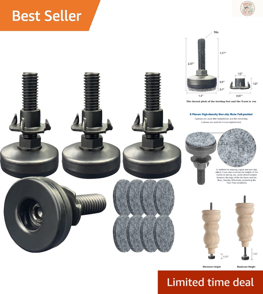 Heavy Duty Table Levelers – Screw-in Adjustable Feet, 4 Pack, 1320 lbs Capacity