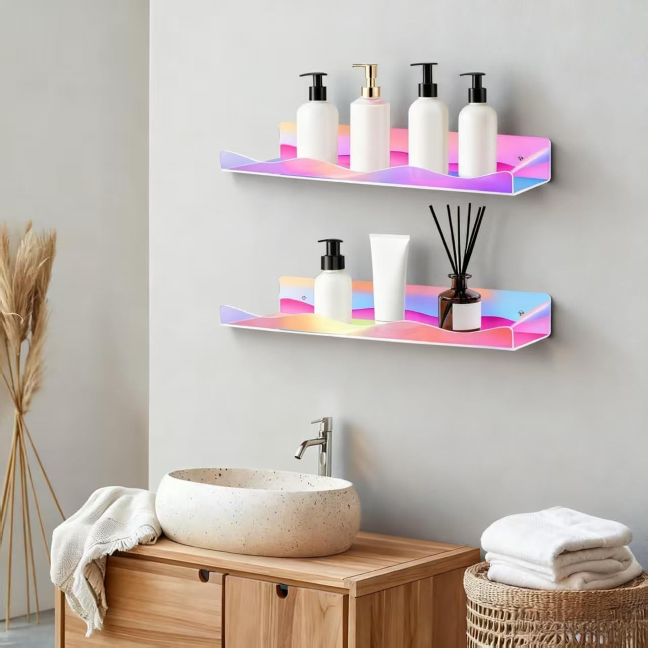 4 Pack Iridescent Acrylic Floating Shelves, 15.7″ Clear Acrylic Display Shelv…