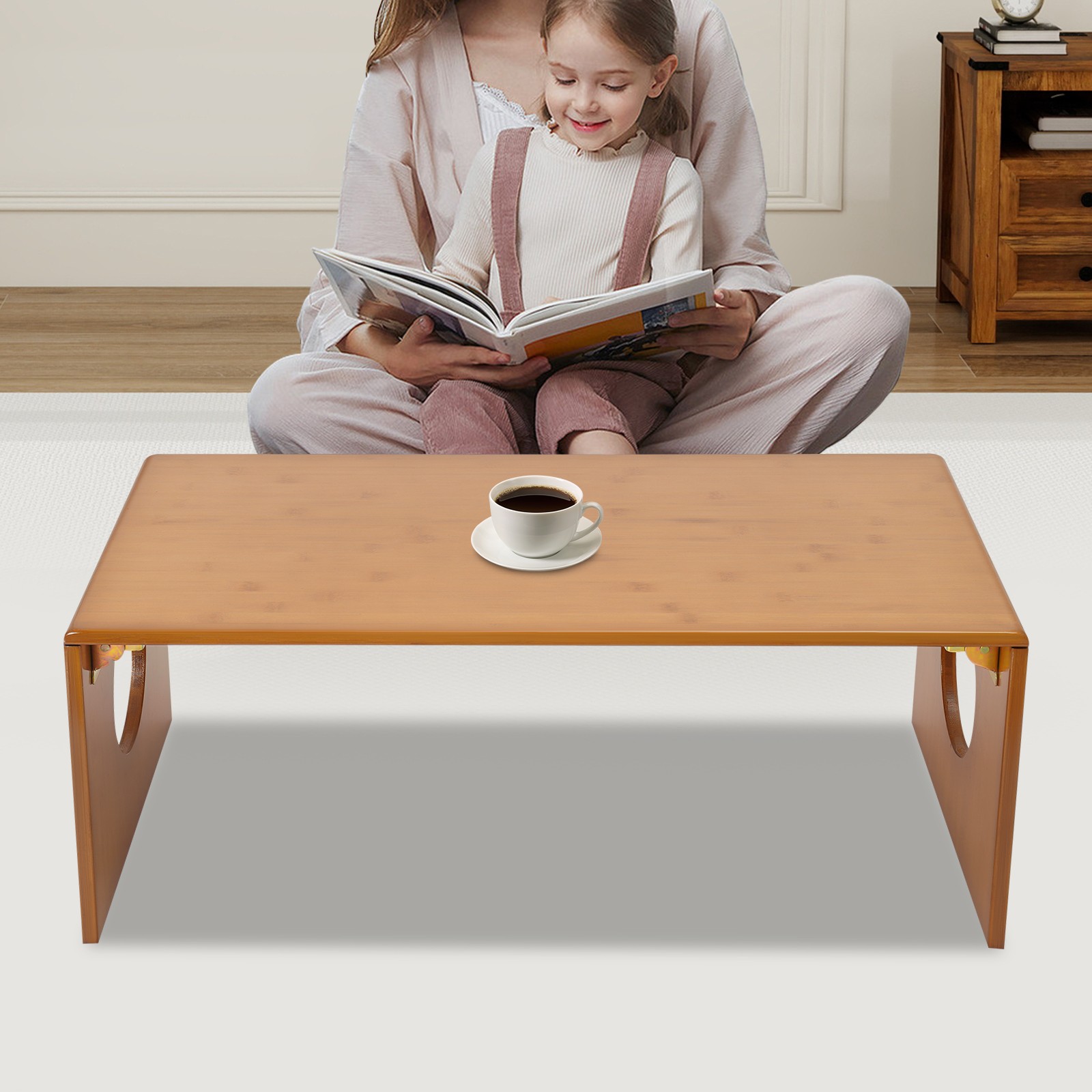 Brown Folding Floor Coffee Table, Foldable Low Portable Coffee Table for Sitting