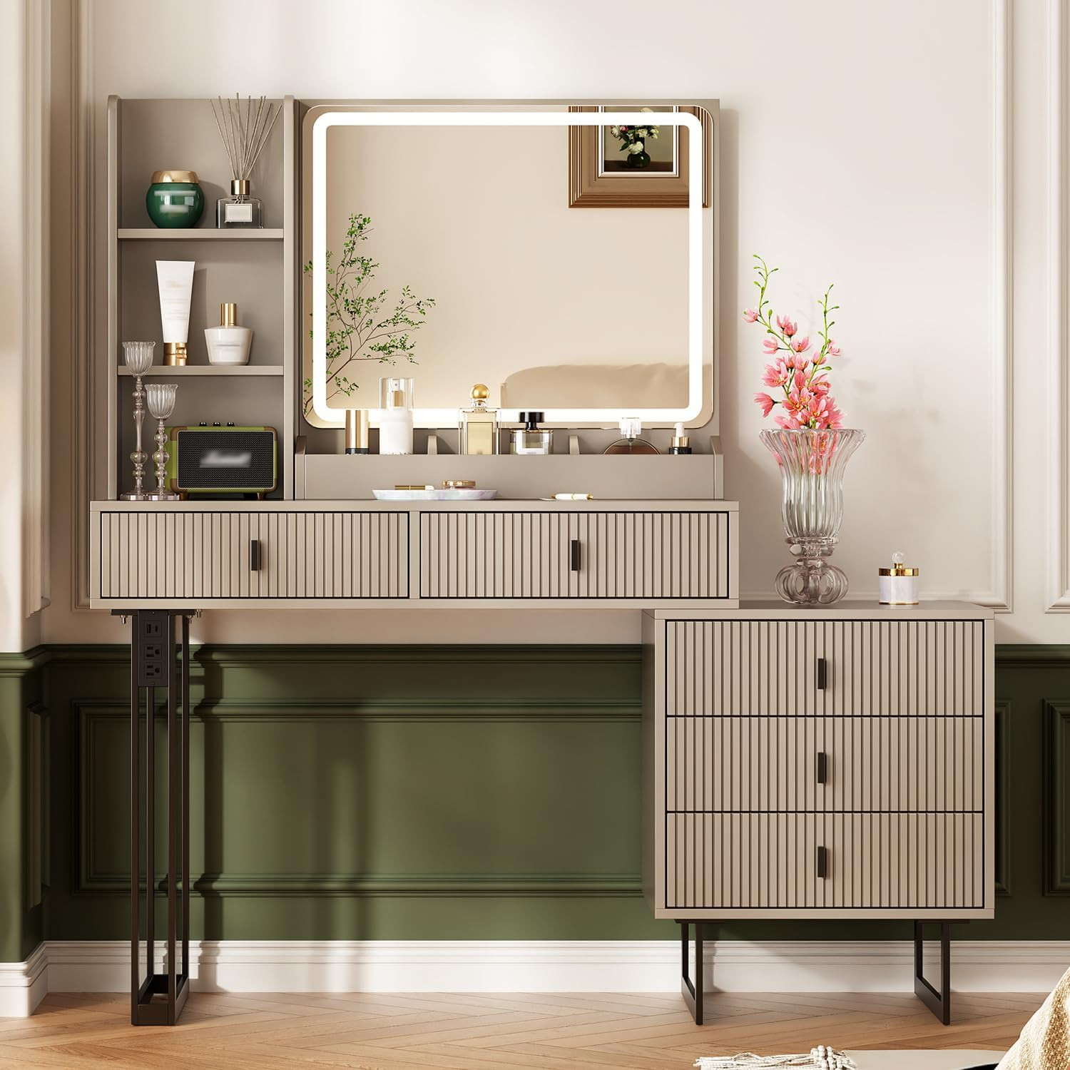 Modern Vanity Desk with Touch Screen Mirror & Charging Station, 5 Drawers