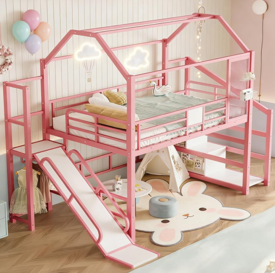 Pink Full Over Full Metal Bunk Bed with Slide and Stairs for Kids