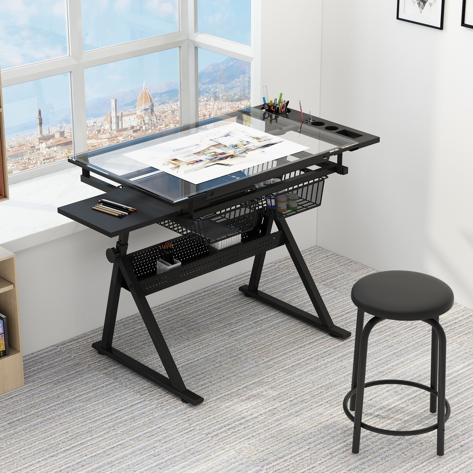 Black Adjustable Tempered Glass Drafting Table with Chair, Drawing Desk Set