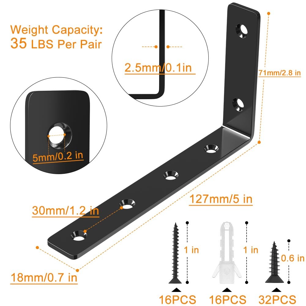 8 Pack Shelf Bracket, 5″ x 3″ L Brackets for Shelves, Heavy Duty Stainless Steel