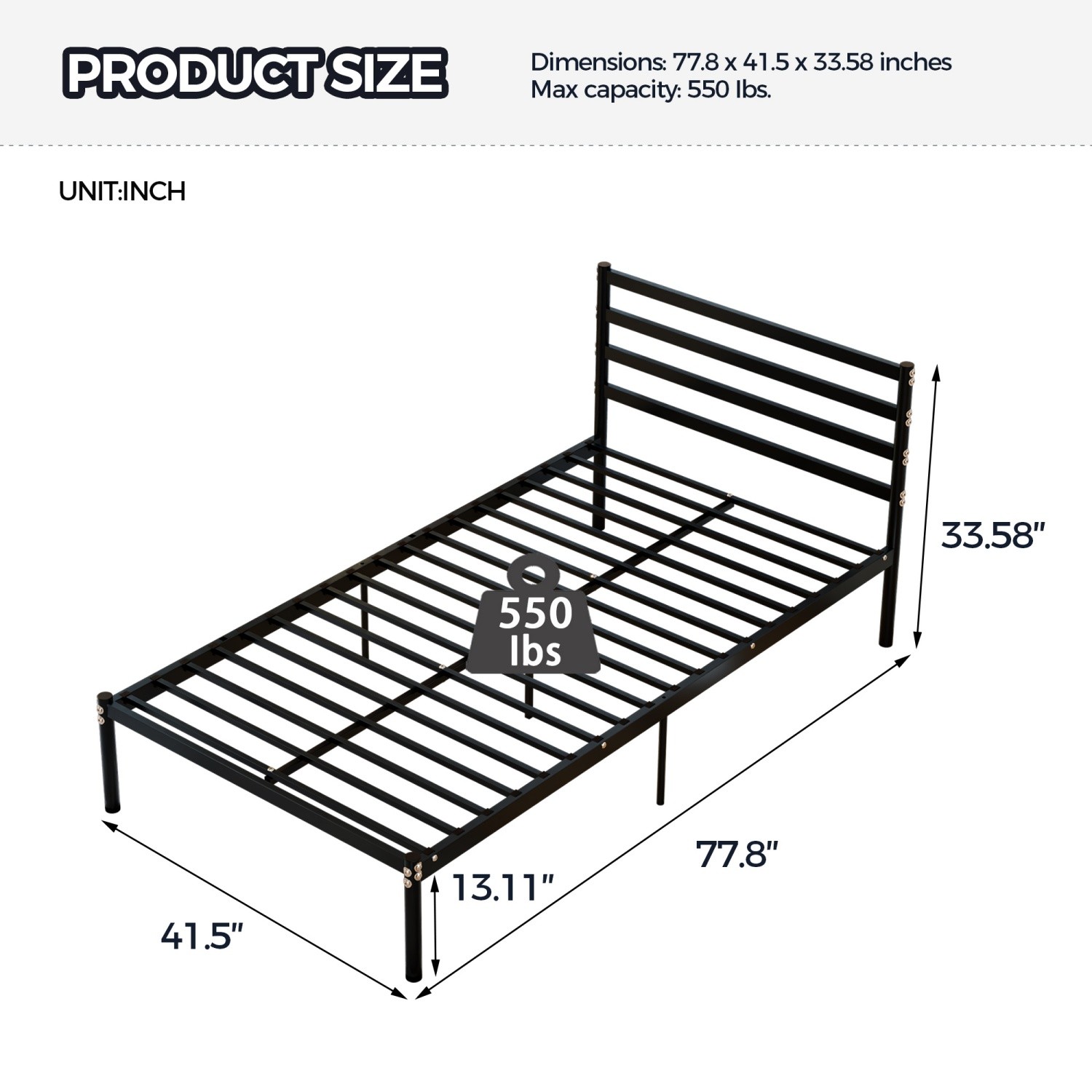 Twin Size Black Metal Platform Bed Frame w/ Under Bed Storage for Small Space