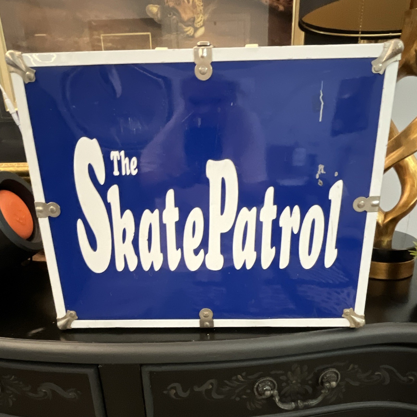 The Skate Patrol Blue/White Metal Storage Chest Trunk w/ Handle, 15.5x7x13