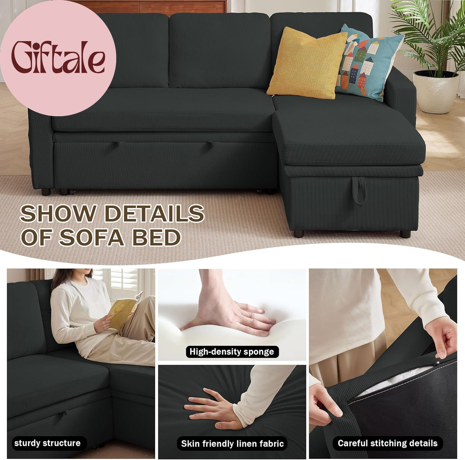Convertible Sofa Bed, L-Shape Sectional Sleeper Sofa with Storage Chaise, Modern