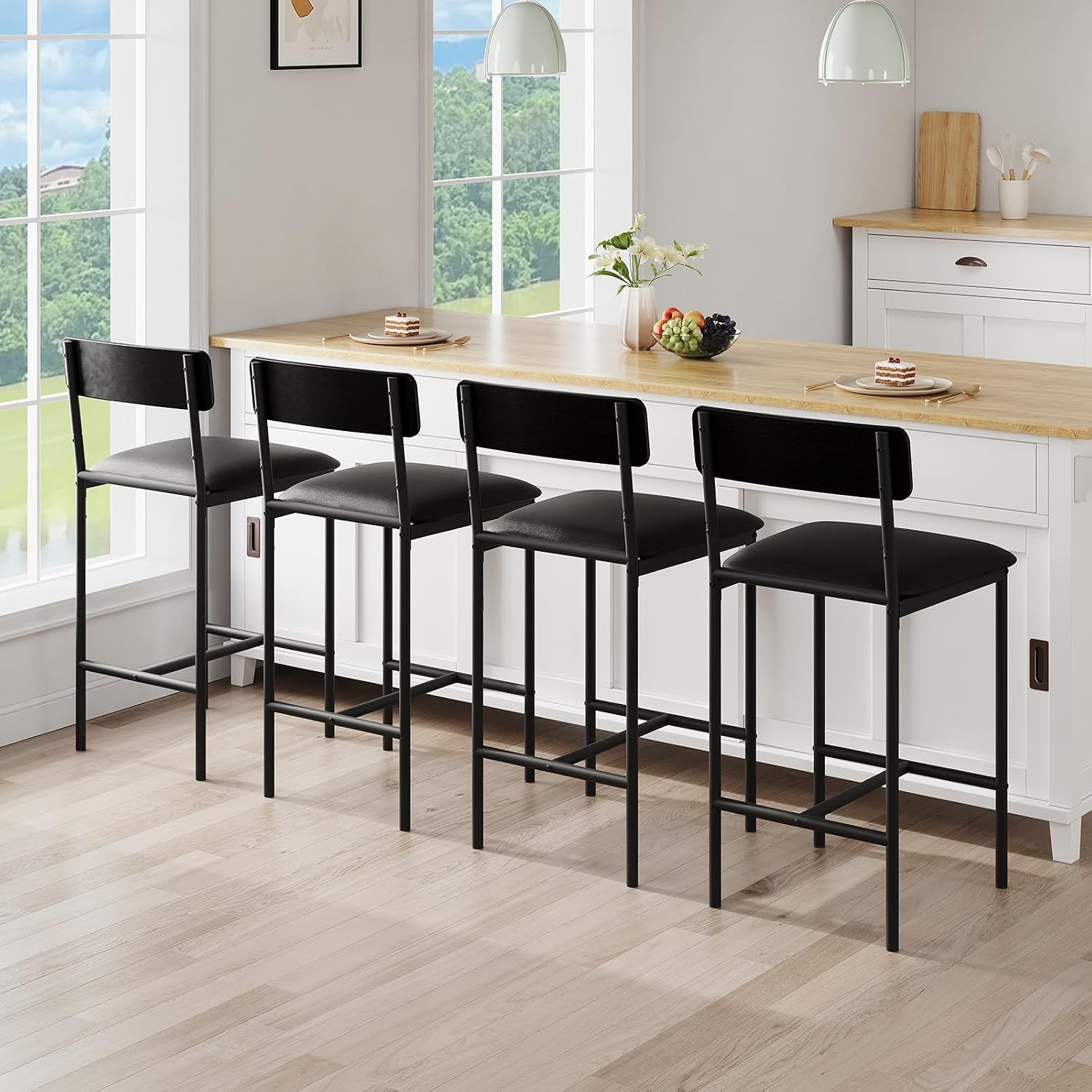 Bar Stools Set of 4,Counter Height Chairs,25.5In Upholstered Black Barstools