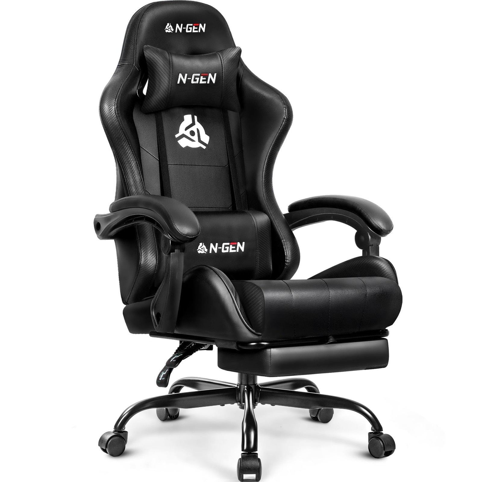 N-GEN GAMING Gaming Chair with Footrest, Lumbar Support, High-Back, All Black