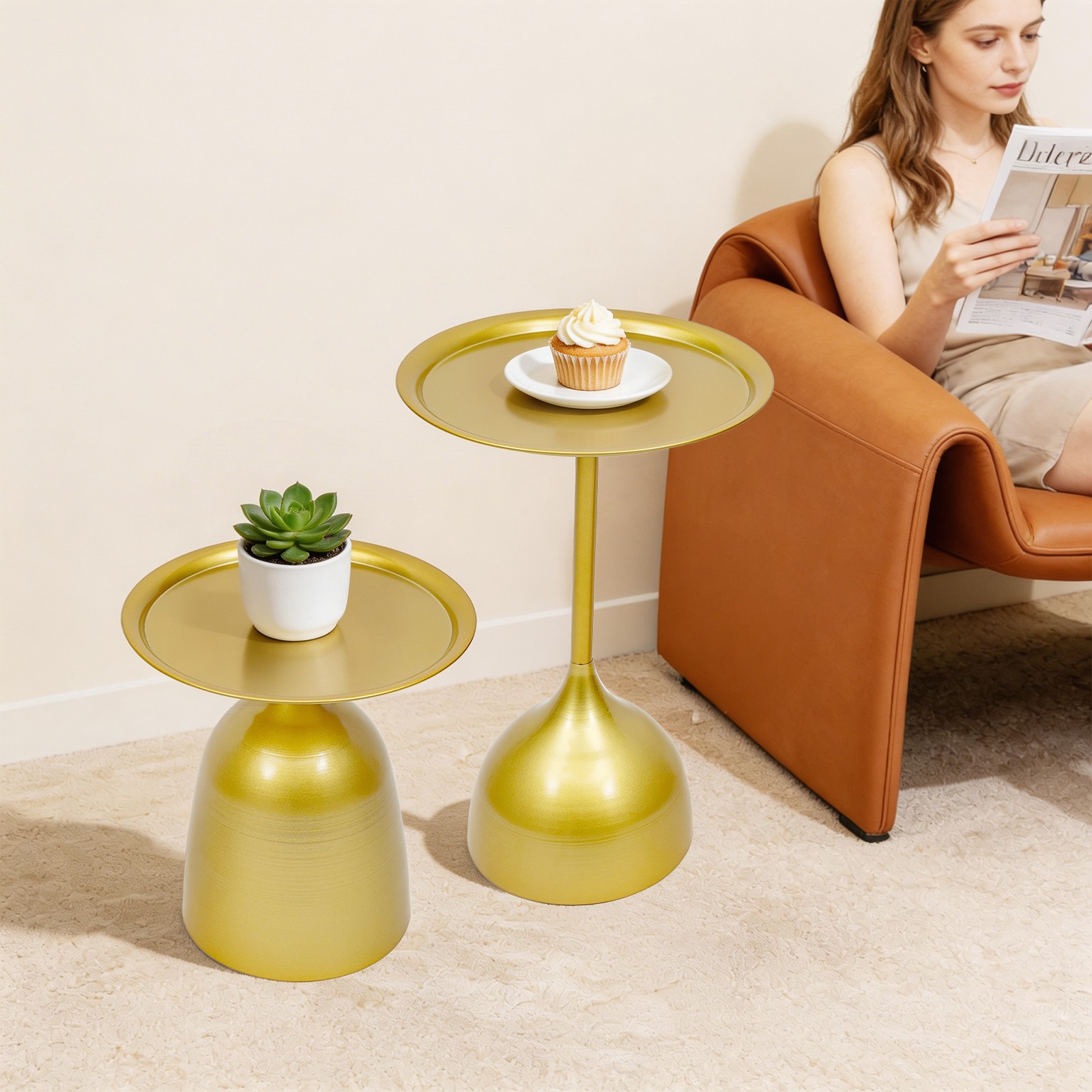 Gold 2PCs Round Iron Side Table 23.6 In & 16.14 In End Tables With Raised Edges