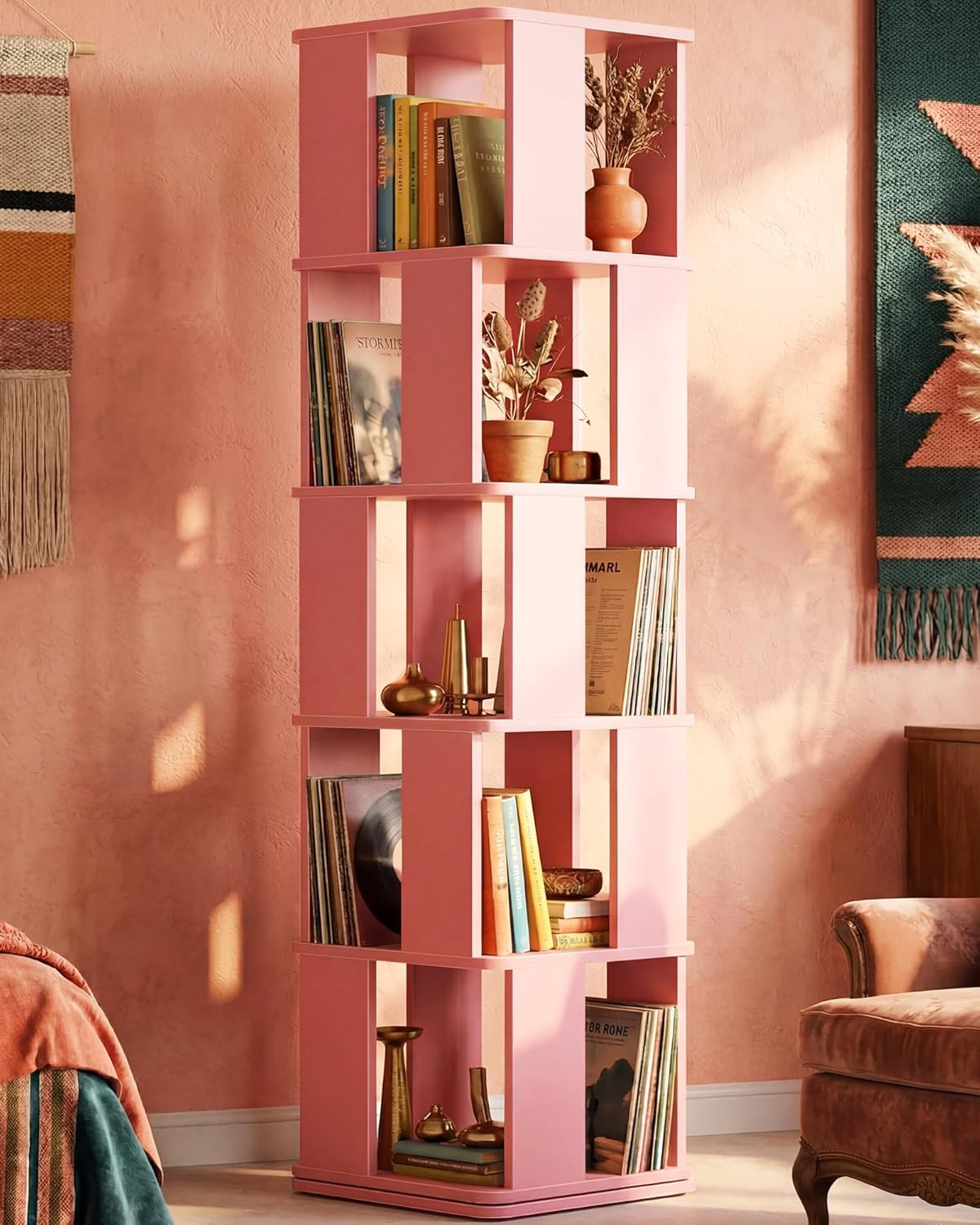 5-Tier Rotating Bookshelf Tower – 360° Spinning Bookcase in Pink