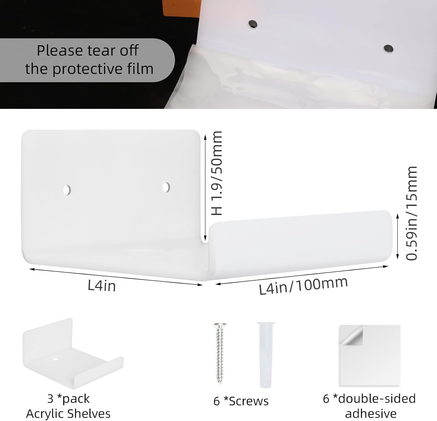 3 Pack Acrylic Small Shelf for Wall Storage,4” Mini Adhesive Shelf for Livin…