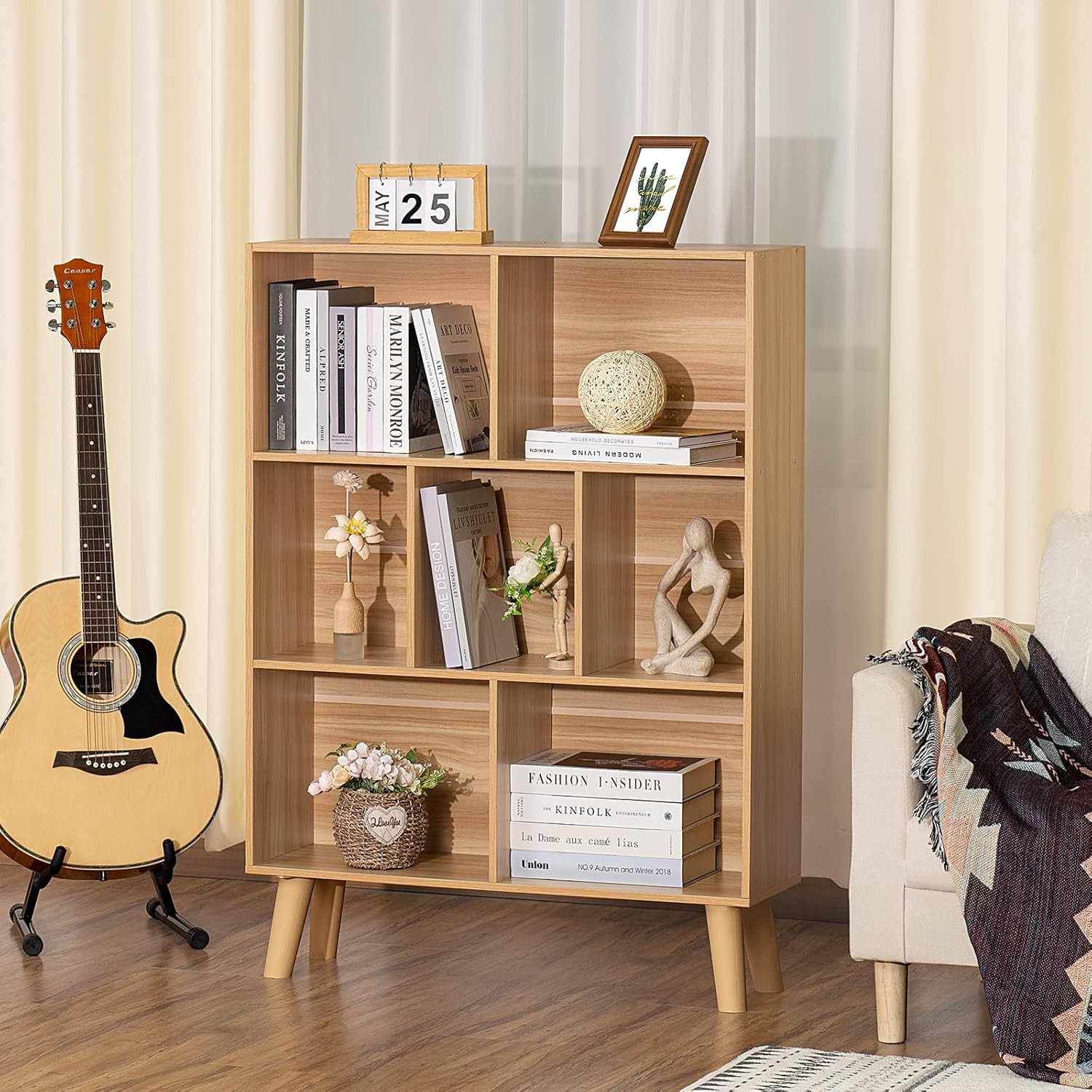 Wooden 7 Cube Book Shelf, Natural 3 Tier Bookshelf with Legs, Modern Open Storag