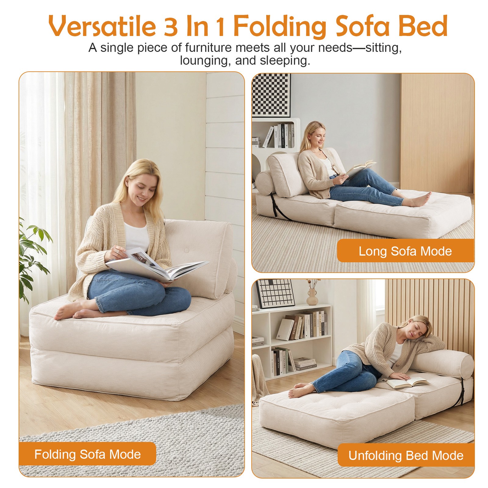 Folding Sofa Bed, Single Convertible Sleeper Chair Bed Couches w/ Dual-Pillow