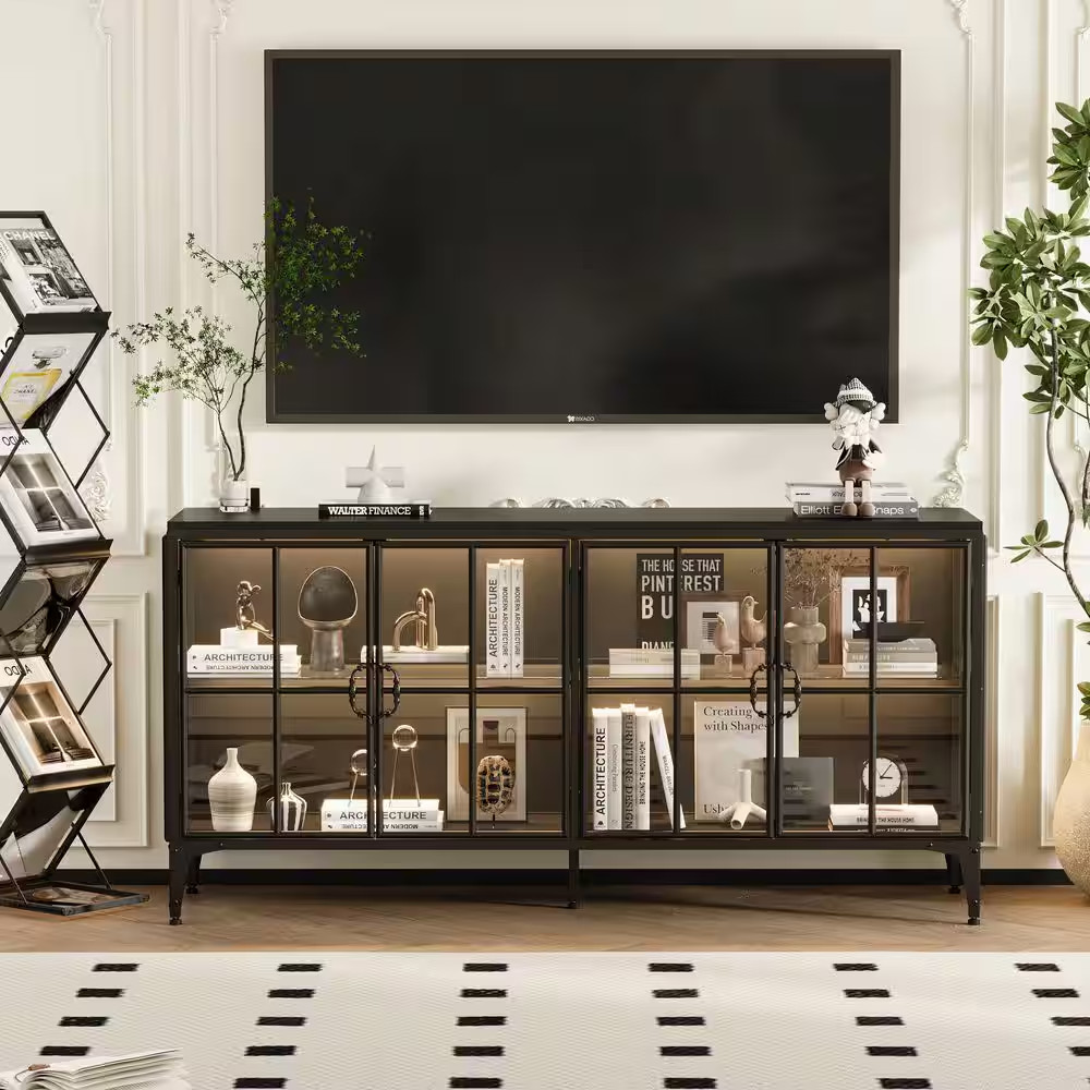 Black 31.5 In. H Wood and Metal Accent Cabinet, Sideboard, Bookcase with 4 Shelv