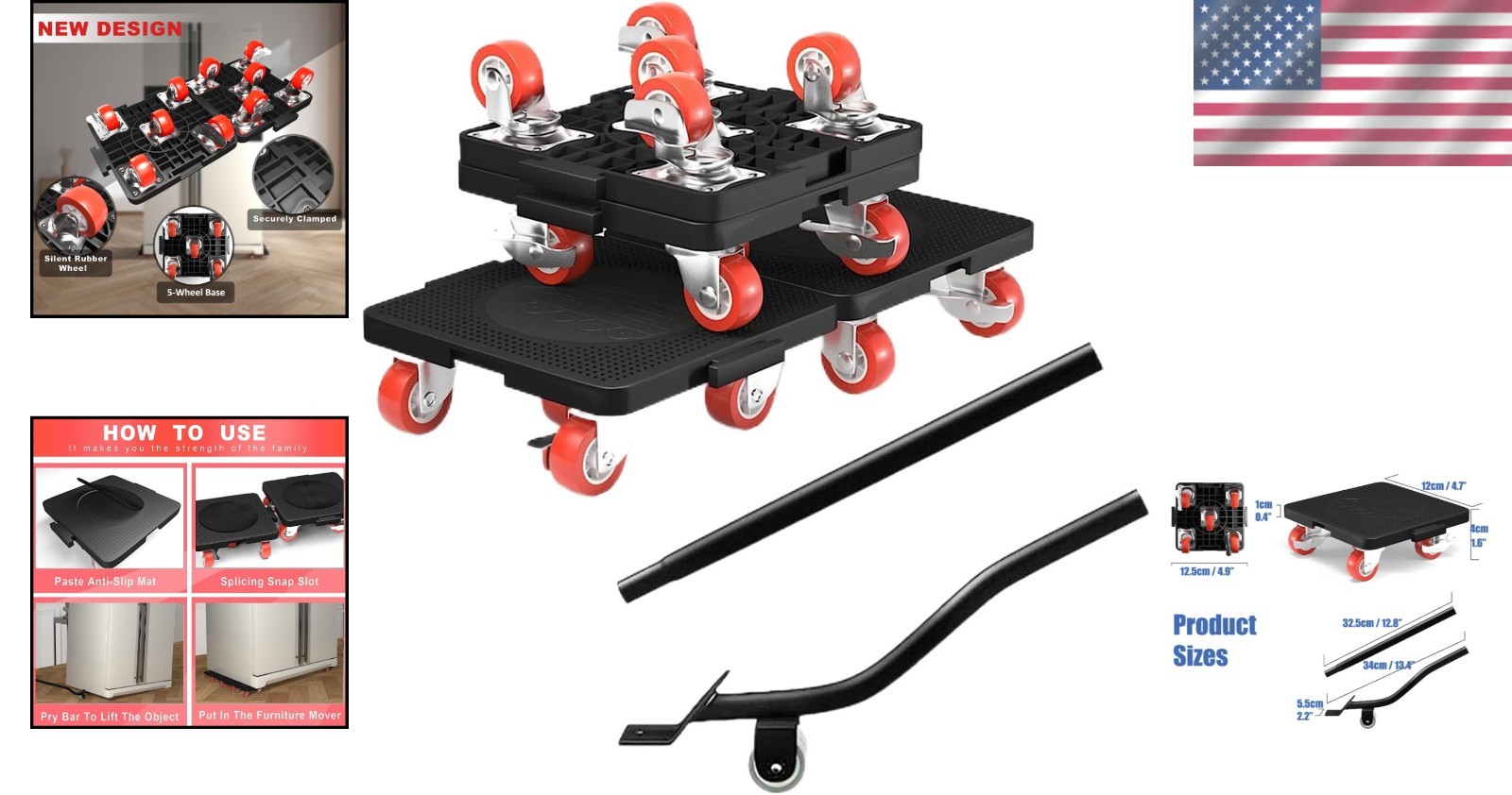 Professional Furniture Moving Tool Set – 4 Dollies & Crowbar 400kg Load Capacity