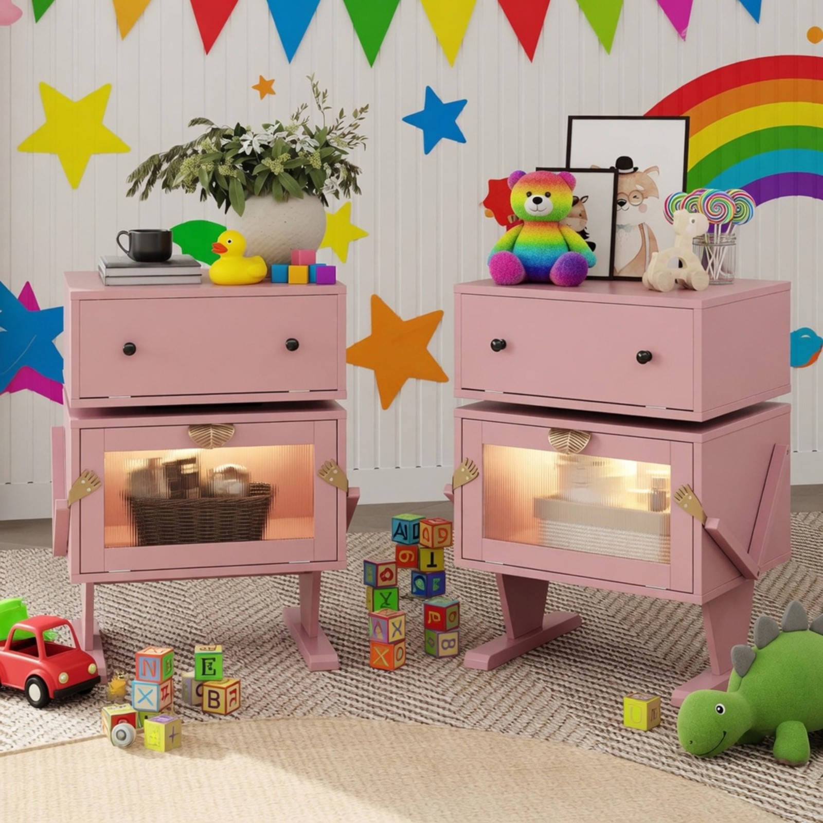 Pink Robot LED Nightstand with Rotating Drawer, 20.7″ Wide Modern End Table