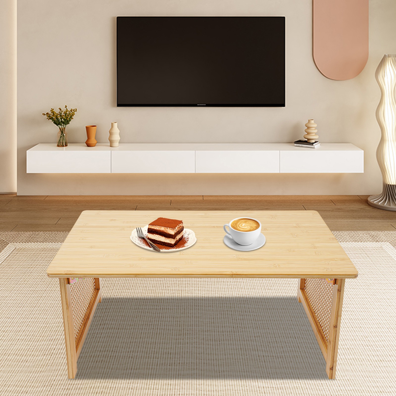 Bamboo Foldable Folding Floor Low Coffee Table for Sitting on The Floor
