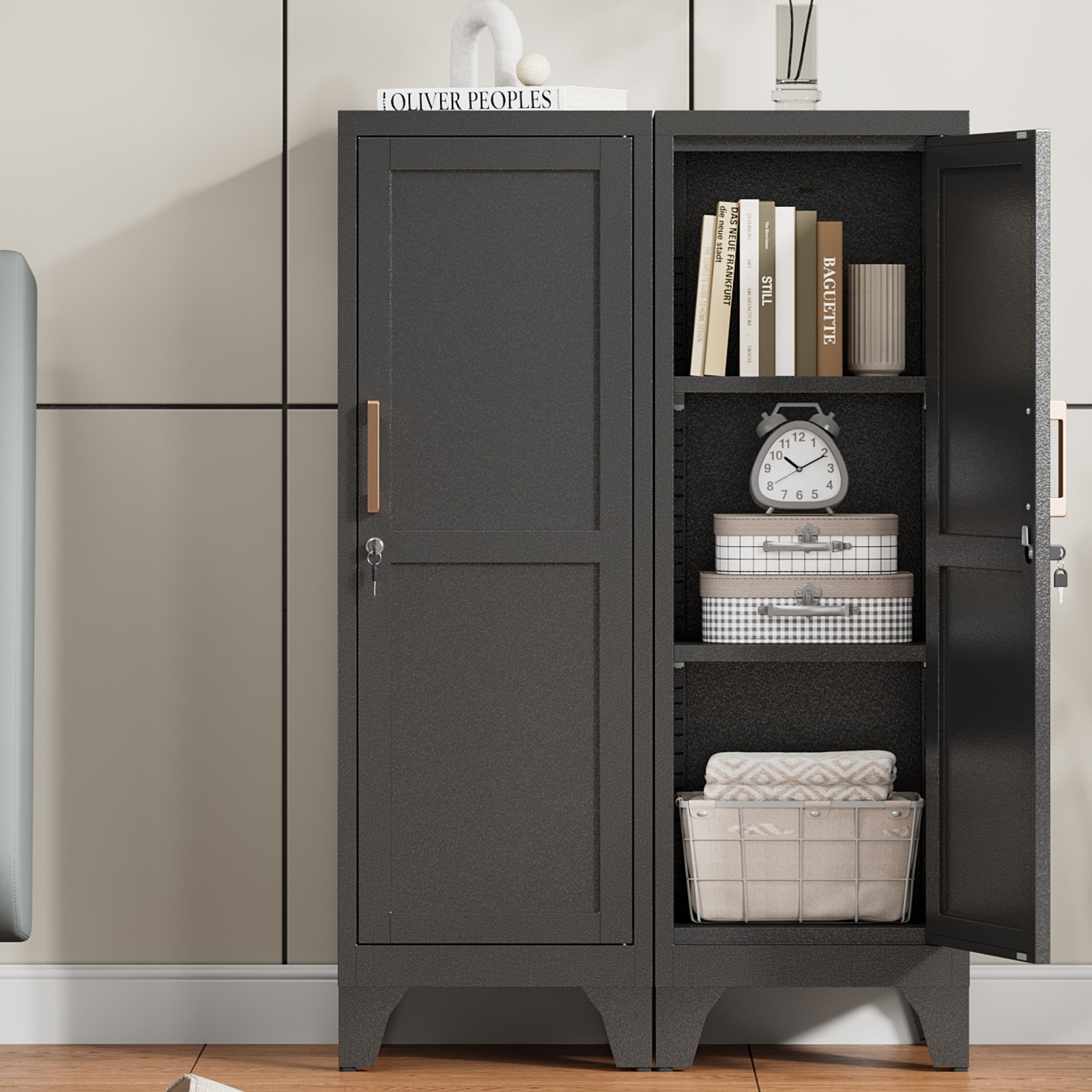 Metal Lockable Storage Cabinet Kitchen Pantry Cabinet with 2 Adjustable Shelves