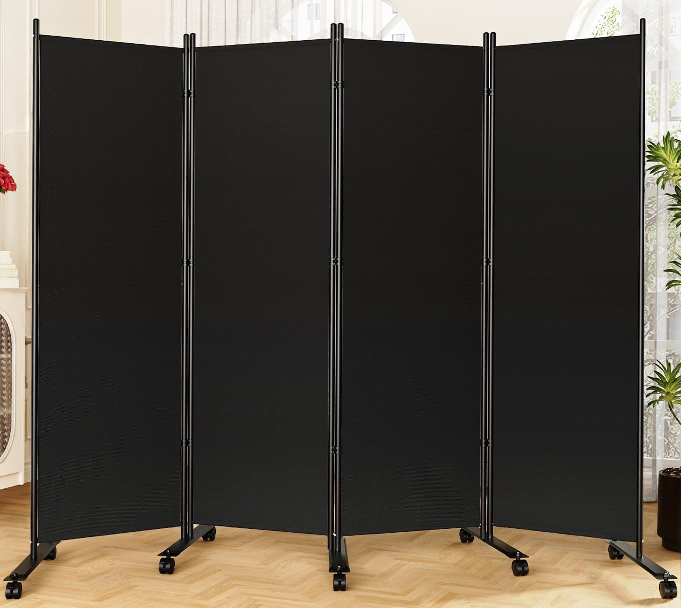 6FT 4 Panel Room Divider Folding Privacy Screen w Wheels 88in Wide Black