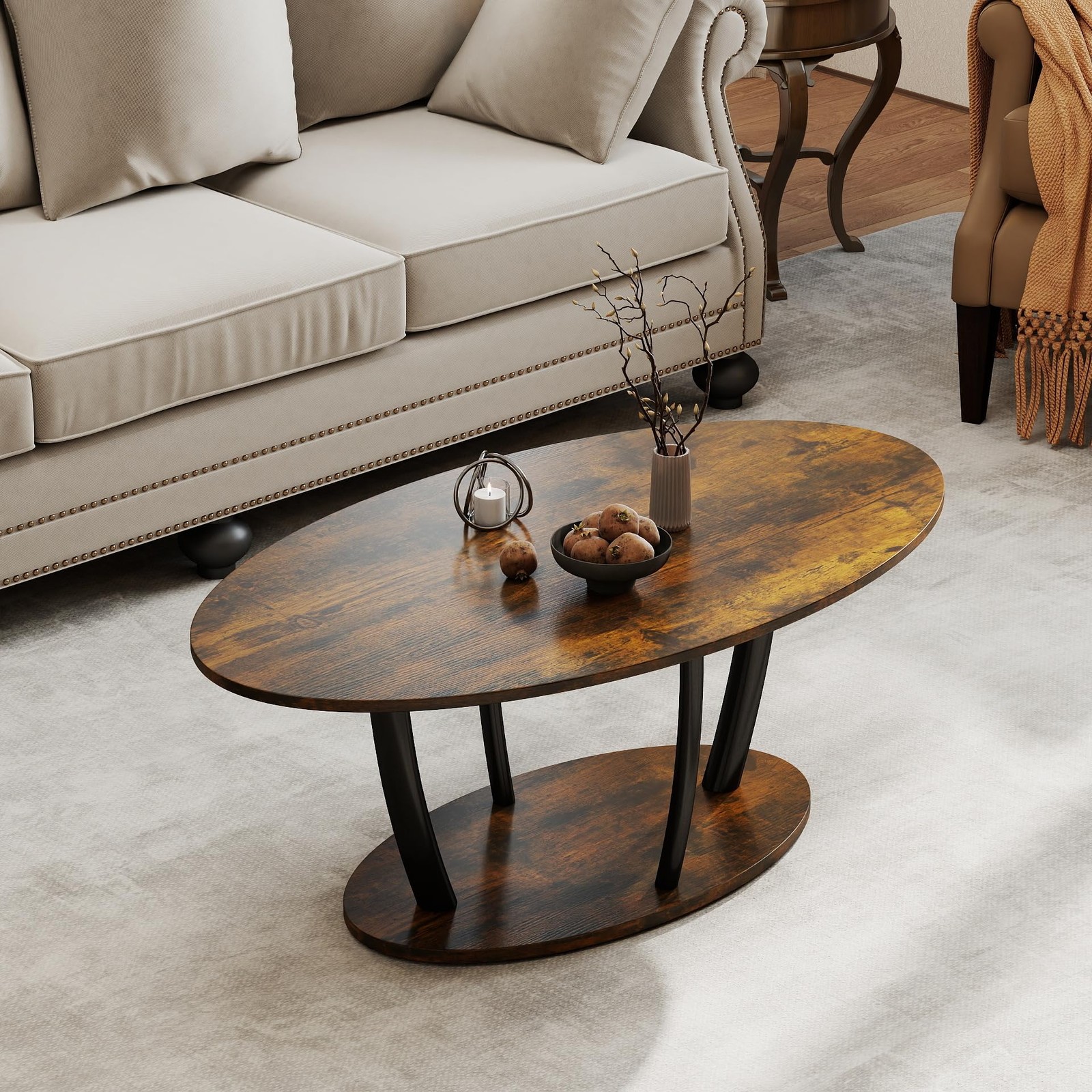Manora Rustic Small Oval Coffee Table 21.65″ X 39.37″ X 16.93″, Dark Brown