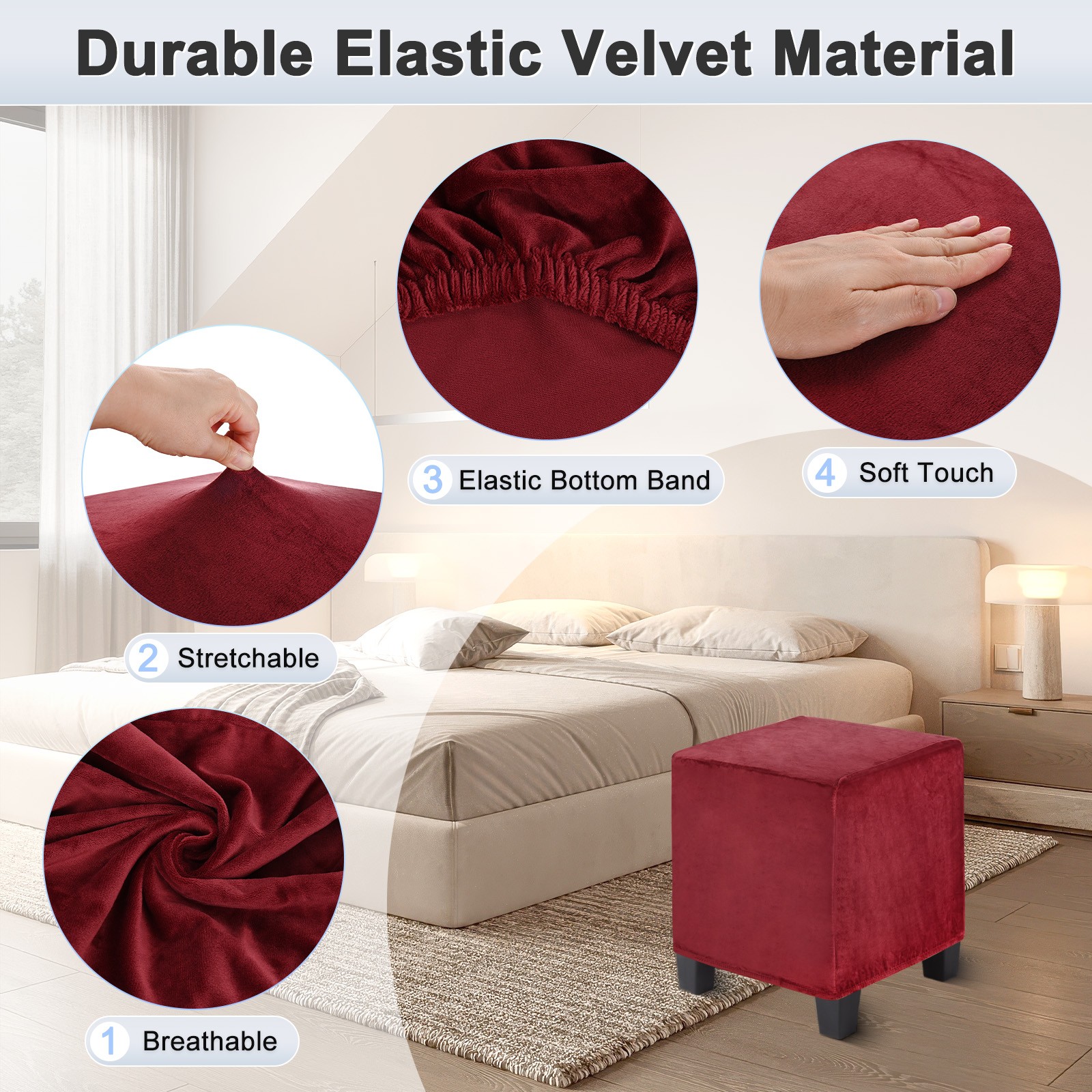 1-Pack 13″x13″x15″ Stretch Square Ottoman covers Footstool Protector Wine