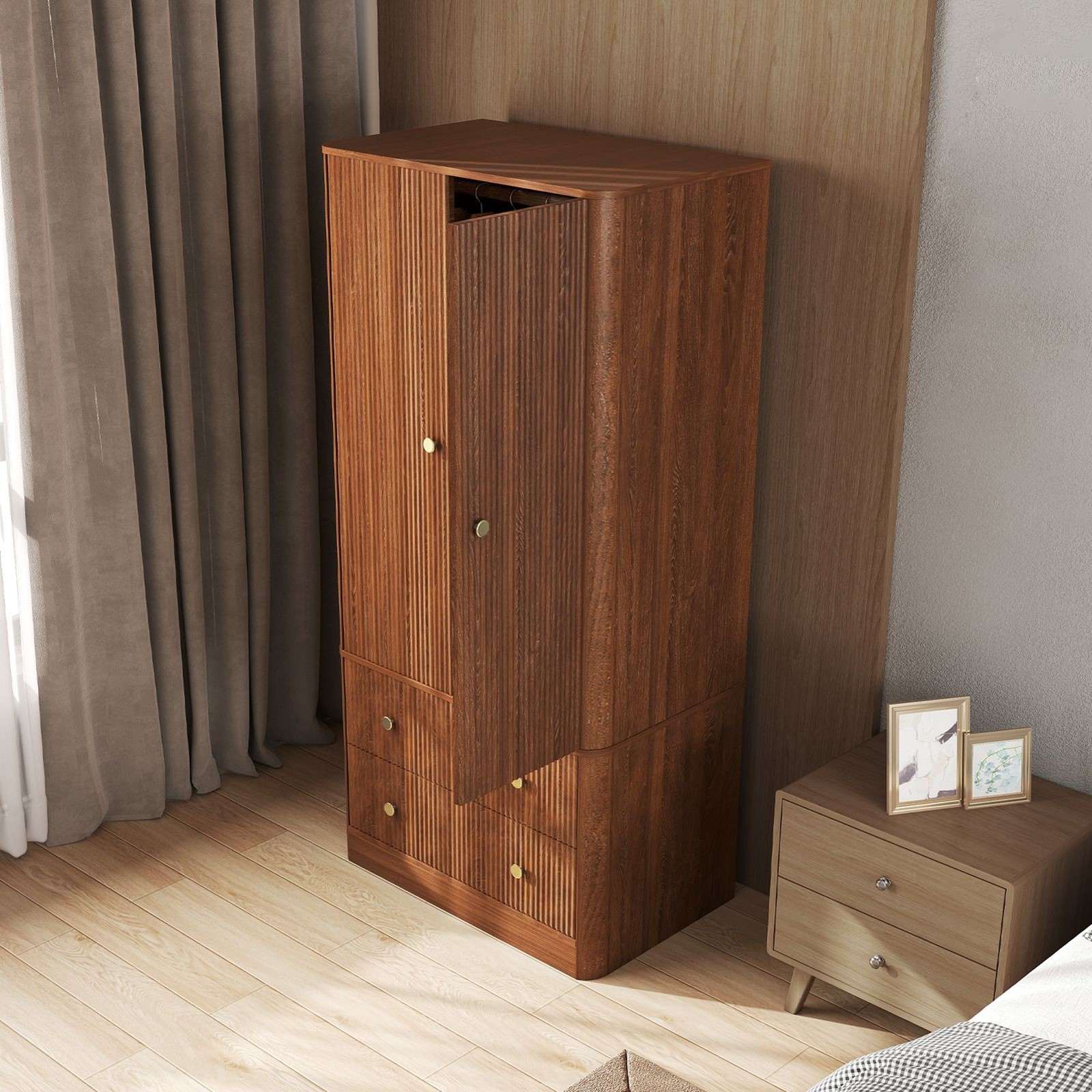 Wood Armoire Wardrobe Hanging Rod Closet Storage Cabinet Clothes Organizer