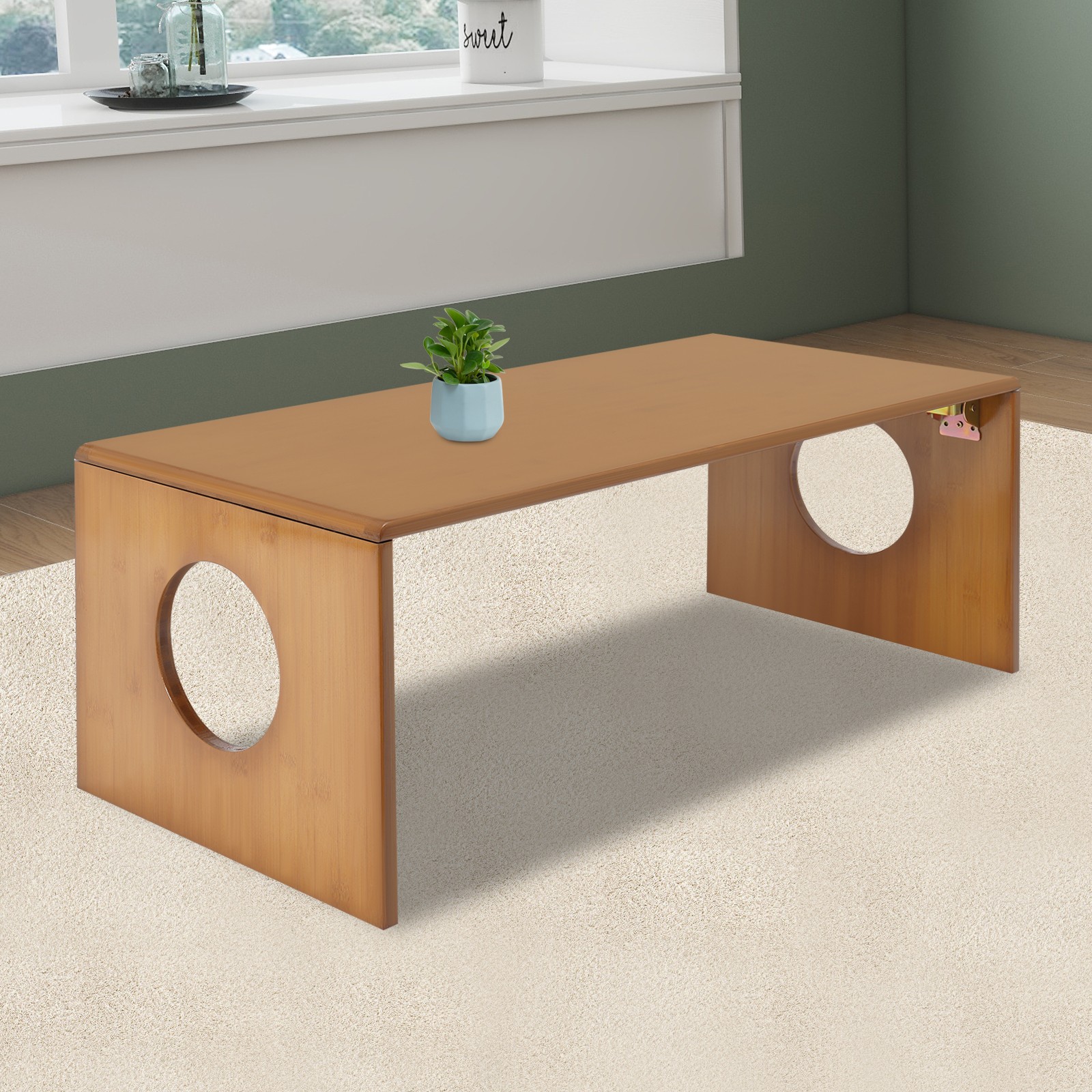 Brown Folding Floor Coffee Table, Foldable Low Portable Coffee Table for Sitting