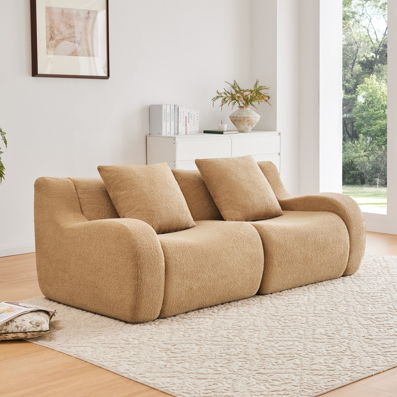 Boneless Sofa Soft Teddy Fabric Camel Color No Assembly Required