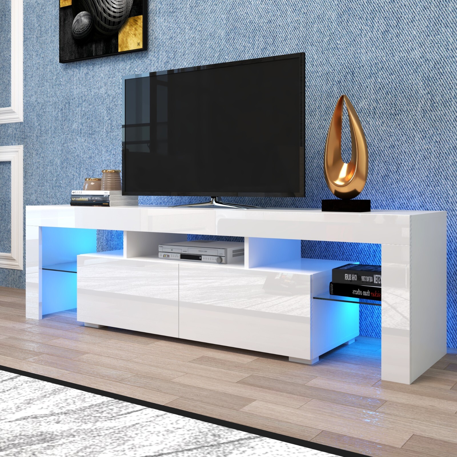 63in TV Stand for 75 Inch TV Modern TV Cabinet w/16 Color LED Light 2 Drawers US