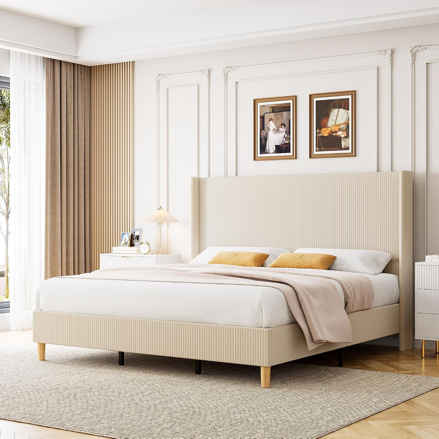 Corduroy Upholstered Bed Frame with Headboard, King Size Bed Frame, Beige | Chan