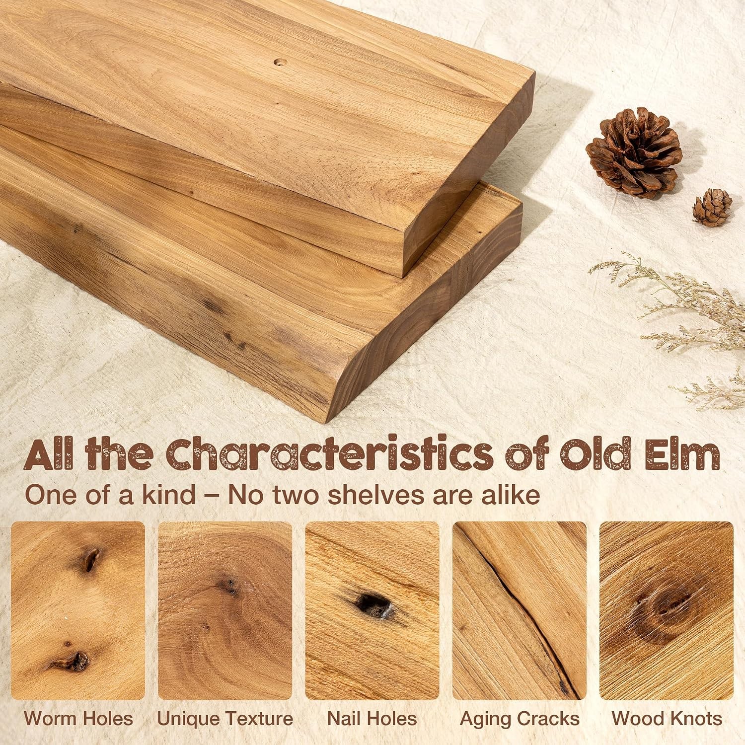 Live Edge Floating Shelves Wall 40 inch 8 Inch Deep Solid Elm Wood Floating Wall